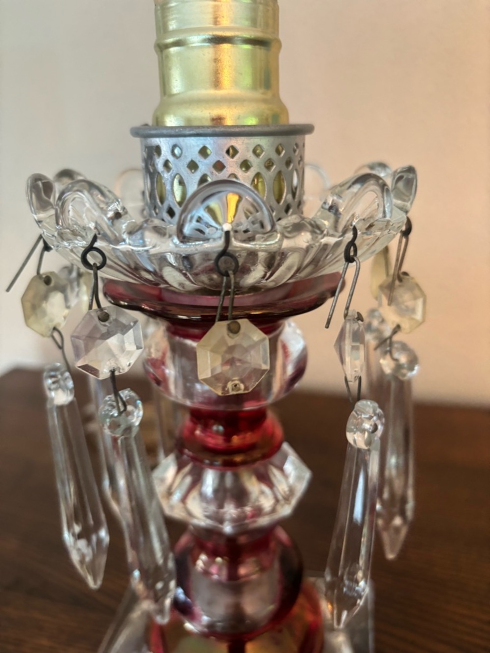vintage boudoir table lamp featuring cranberry red and clear cut glass - Picture 11 of 16